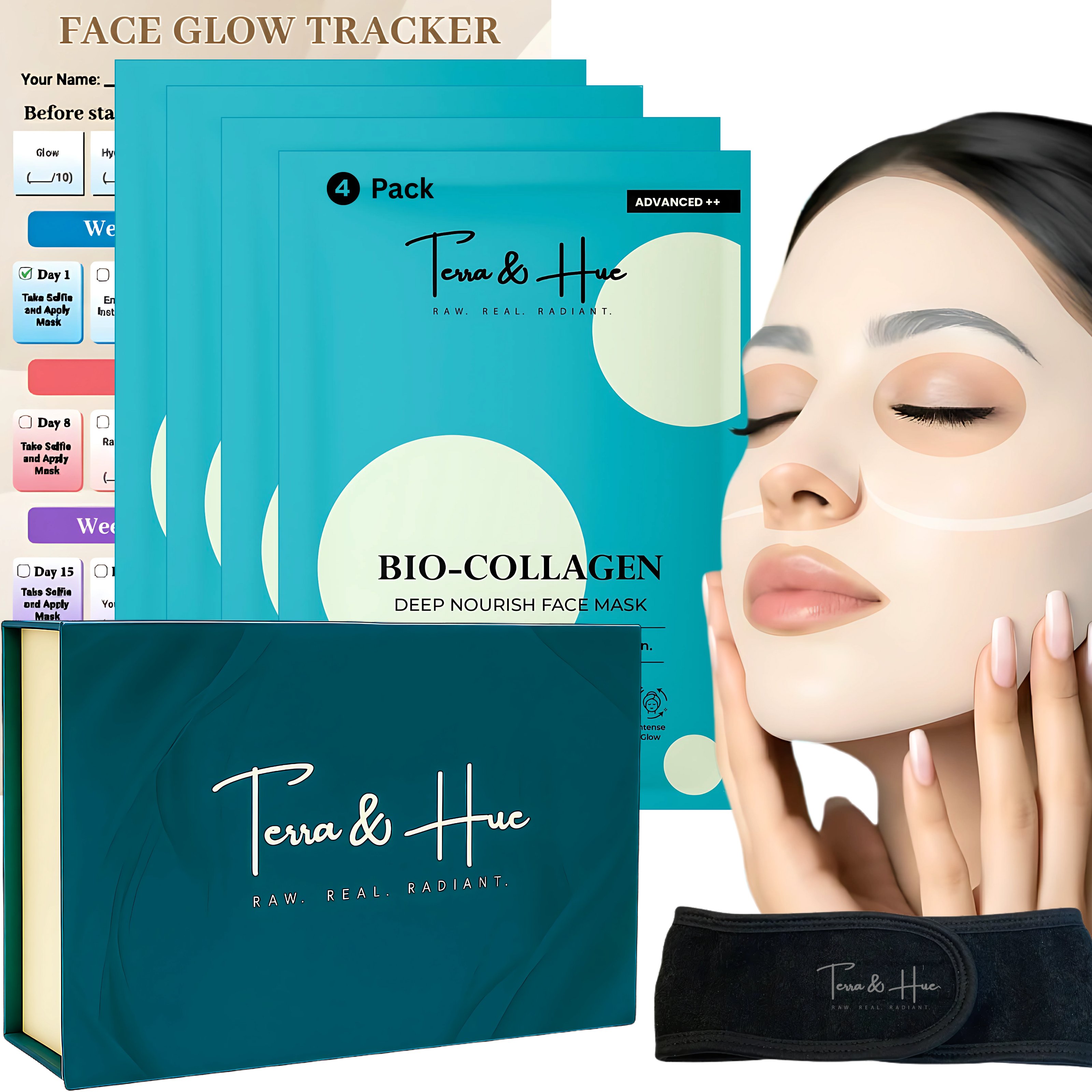 Terra & Hue Glass Skin Bio Collagen Mask, Pack of 4